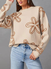 Women's Casual Round Neck Long Sleeved Floral Printed Coarse Knitted Sweater - Jo-Bolt-Store