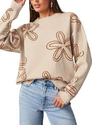 Women's Casual Round Neck Long Sleeved Floral Printed Coarse Knitted Sweater - Jo-Bolt-Store