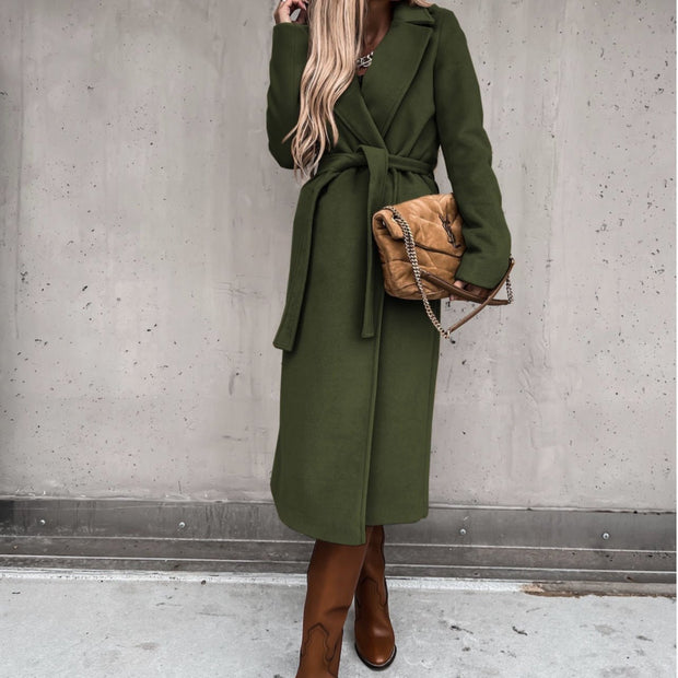 Woolen Coat Simple Fashion V-neck Lace Up Long Coat For Women - Jo-Bolt-Store
