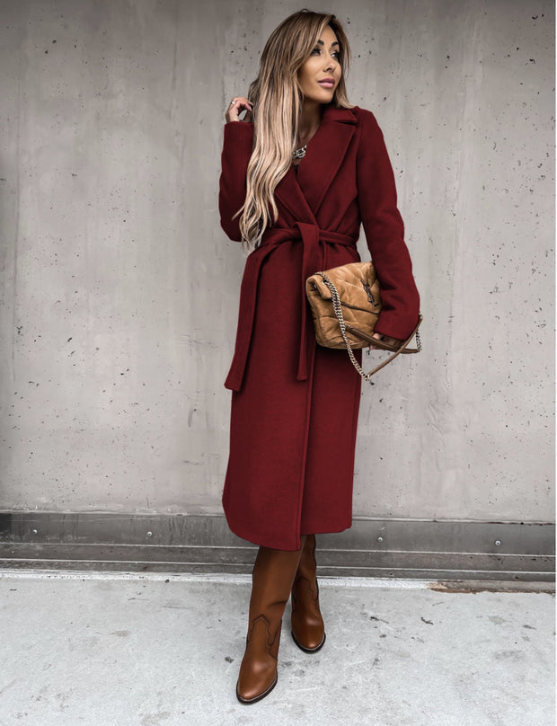 Woolen Coat Simple Fashion V-neck Lace Up Long Coat For Women - Jo-Bolt-Store
