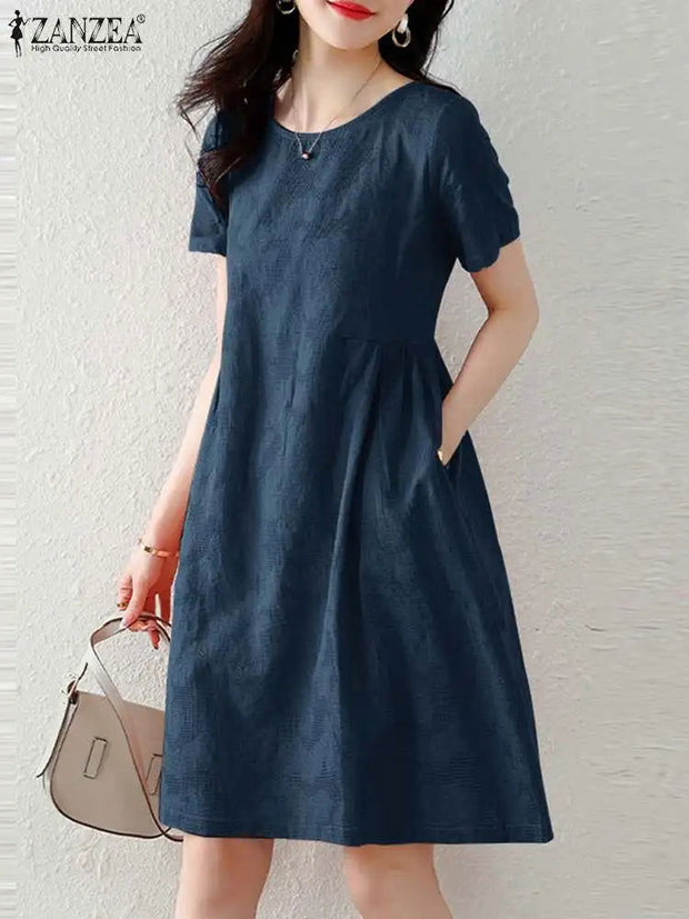 ZANZEA Holiday Texture Fabric Cotton Robe Women Knee-length Dress 2024 Summer Short Sleeve Vestido Casual Loose Solid Mini Dress - Jo-Bolt-Store