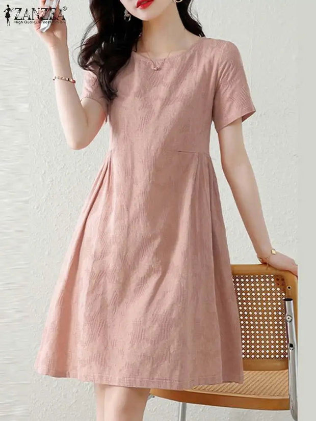 ZANZEA Holiday Texture Fabric Cotton Robe Women Knee-length Dress 2024 Summer Short Sleeve Vestido Casual Loose Solid Mini Dress - Jo-Bolt-Store