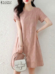 ZANZEA Holiday Texture Fabric Cotton Robe Women Knee-length Dress 2024 Summer Short Sleeve Vestido Casual Loose Solid Mini Dress - Jo-Bolt-Store
