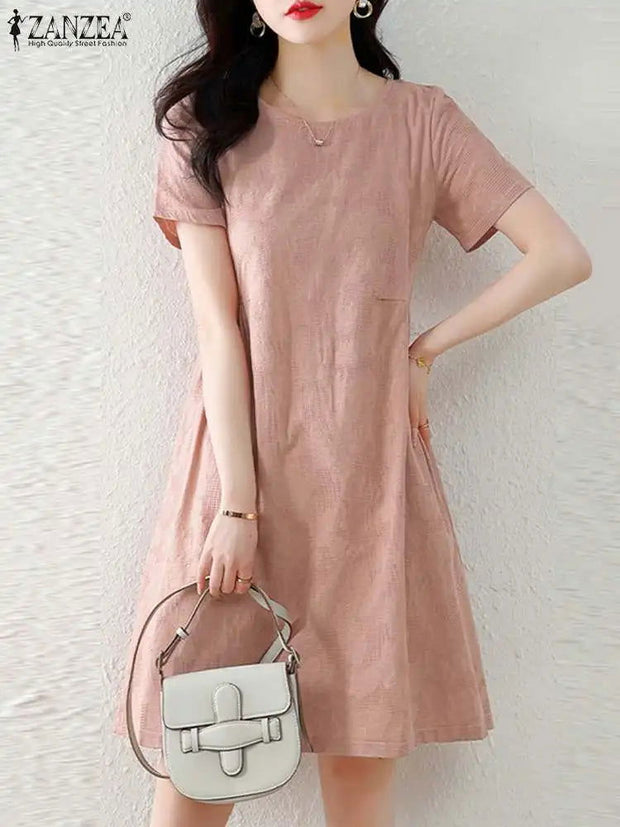 ZANZEA Holiday Texture Fabric Cotton Robe Women Knee-length Dress 2024 Summer Short Sleeve Vestido Casual Loose Solid Mini Dress - Jo-Bolt-Store