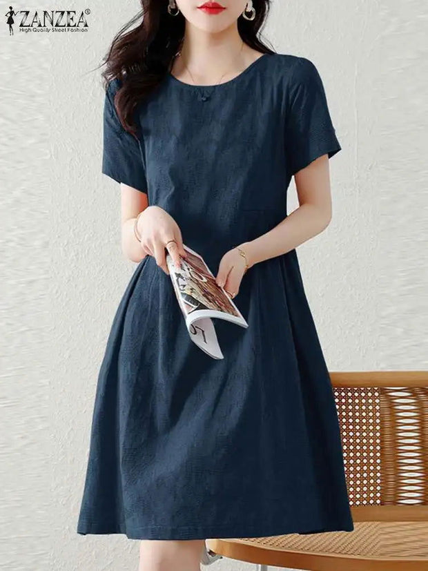 ZANZEA Holiday Texture Fabric Cotton Robe Women Knee-length Dress 2024 Summer Short Sleeve Vestido Casual Loose Solid Mini Dress - Jo-Bolt-Store