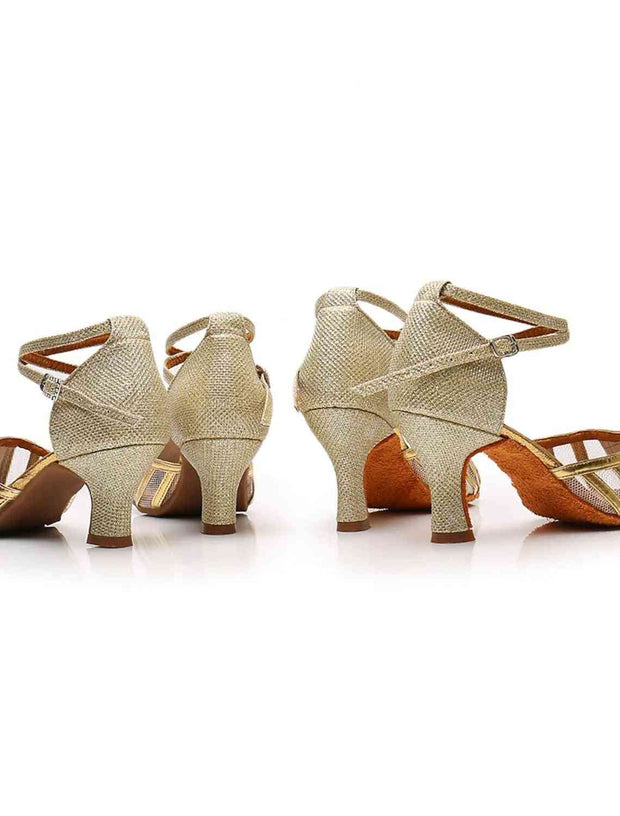 Back view of gold medium heel dance shoes