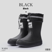 Black platform rain boots with drawstring top