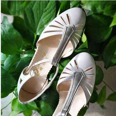 Light gray leather vintage hollow swing dance shoes