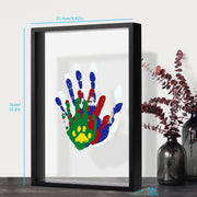 Black DIY handprint frame with colorful prints and dimensions