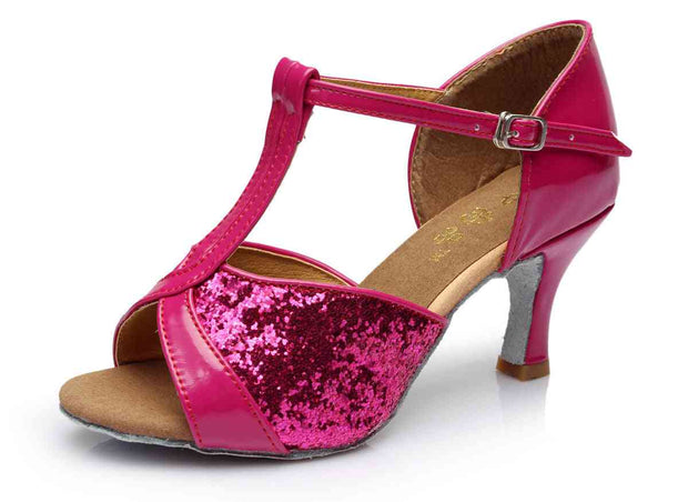 Pink glitter Latin dance shoe with fur sole