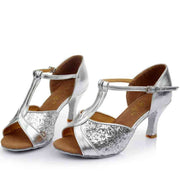 Silver glitter Latin dance shoes with fur sole