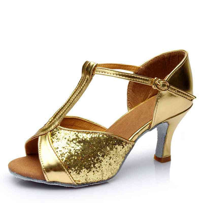 Gold glitter Latin dance shoe with fur sole