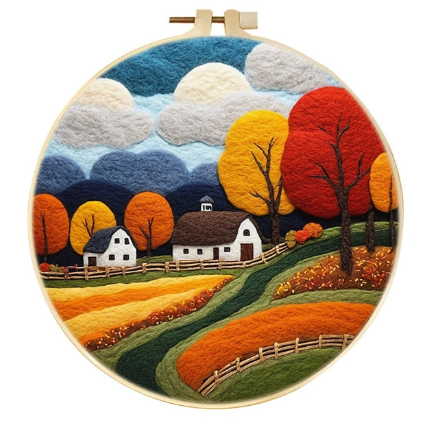 Autumn landscape wool felt painting with trees and houses