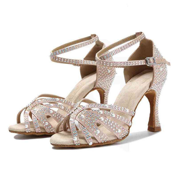 Beige rhinestone Latin dance shoes with soft sole