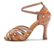 Brown rhinestone Latin dance shoes with soft sole