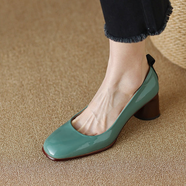 Blue round toe leather shoe with block heel