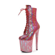 Vibrant red snake high heels boots with platform