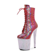 Red and white snake high heels boots with platform