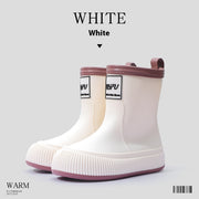 White platform rain boots with pink trim