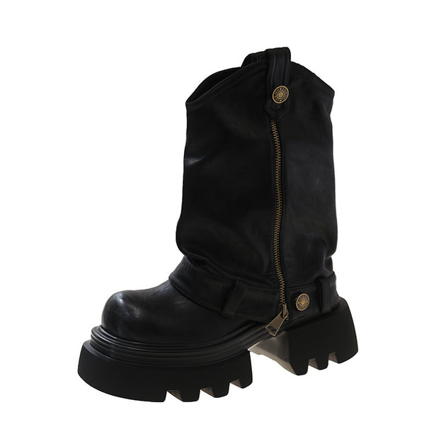 Single black platform boot with rugged sole