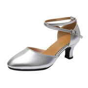 Silver soft bottom Latin dance shoes with ankle strap