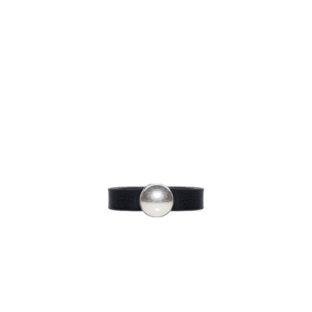 Leather ring with silver tone circle detail on black band