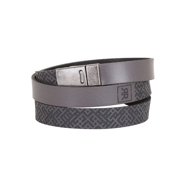 Gray leather triple wrap bracelet with tracery design