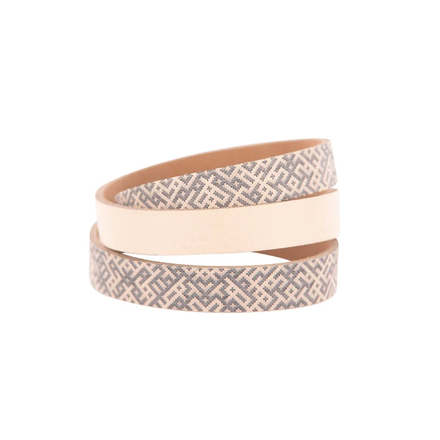 Beige leather triple wrap bracelet with ethnic tracery