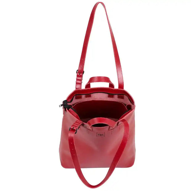 Red structured tote bag with premium leather, featuring dual handles, adjustable strap, and spacious interior for daily essentials.