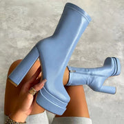 Blue super high chunky heel short boots