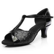 Black glitter Latin dance shoe with fur sole