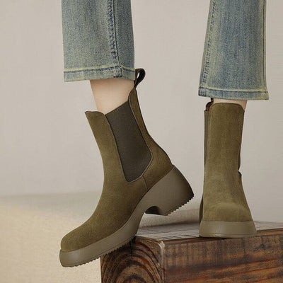 Olive suede Chelsea boots with elastic sides