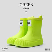 Green platform rain boots with pull tabs