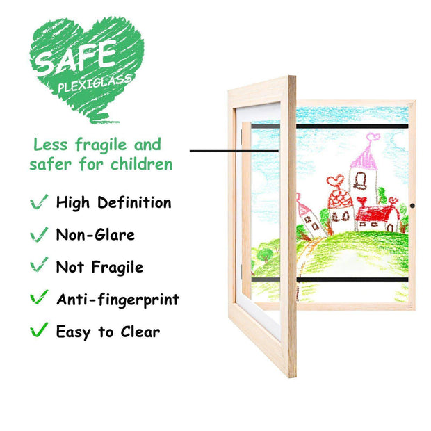 Safe plexiglass wooden frame for children's art.