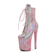 Pink and iridescent snake high heels boots