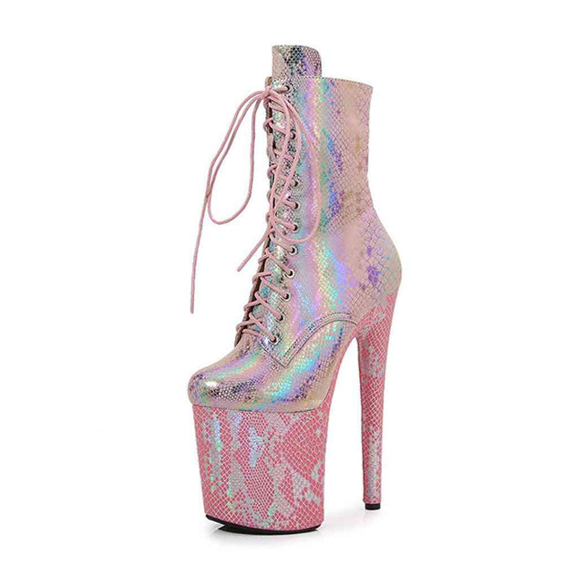 Pink and iridescent snake high heels boots