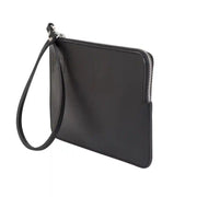 Black leather wristlet wallet with a sleek design, featuring a zippered closure and a detachable wrist strap for hands-free convenience.