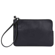 Elegant black leather wristlet wallet with a durable zippered closure, detachable strap, and spacious interior for essentials.