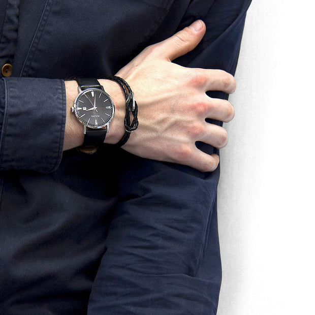Padstow Silver and Braided Leather Bracelet - Coal Black