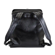 Back view of a black leather backpack with adjustable straps, highlighting its durable and stylish design for everyday use.