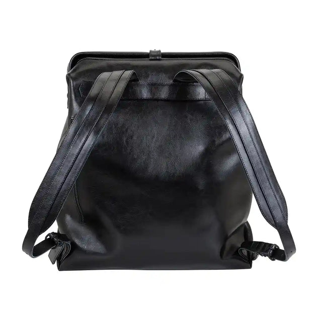 Back view of a black leather backpack with adjustable straps, highlighting its durable and stylish design for everyday use.